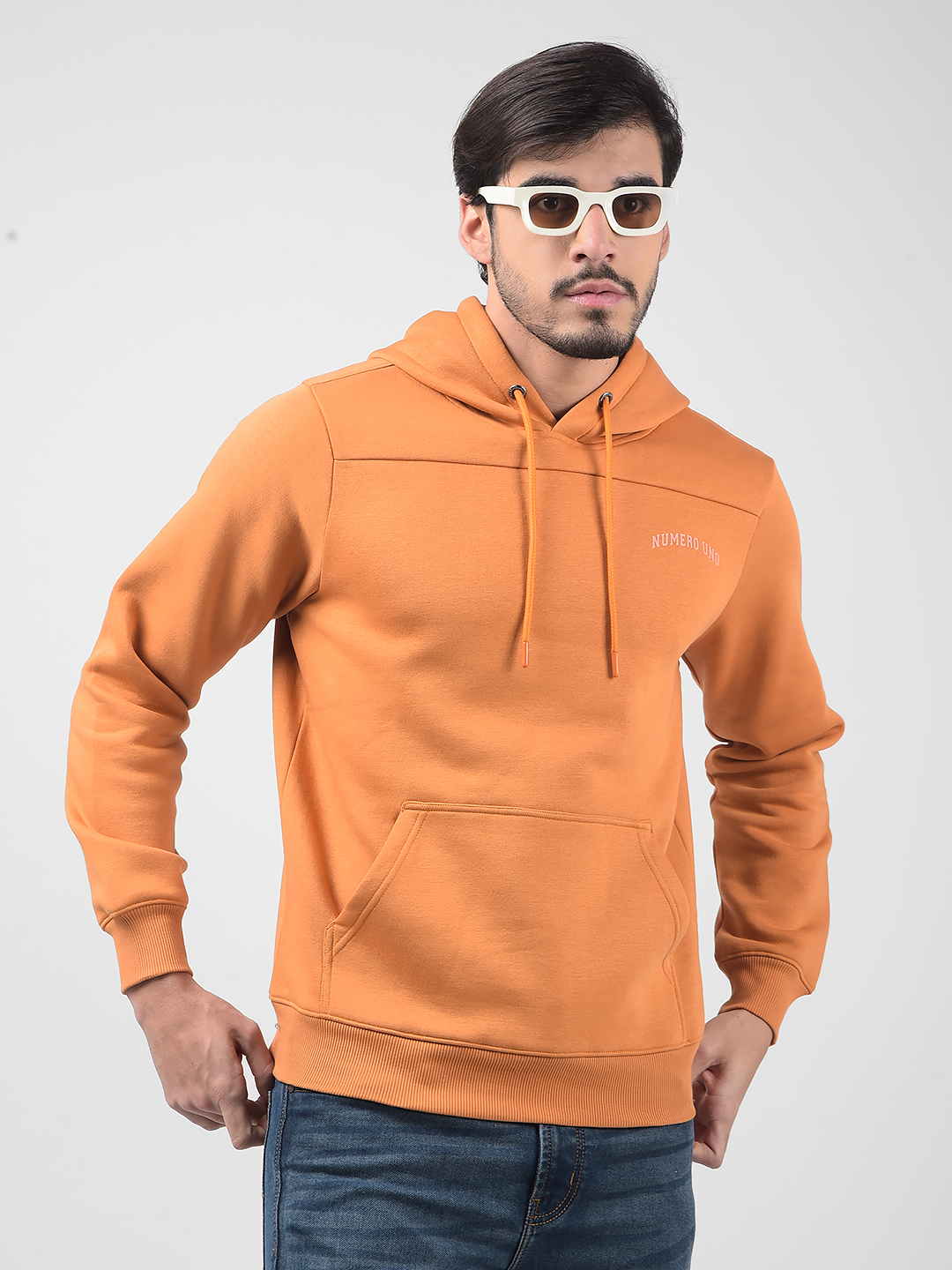 Numero Uno Men Orange Graphic Print Hooded Sweatshirt